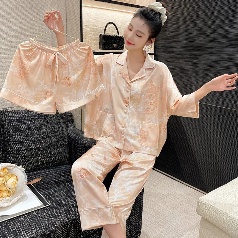 2023 New Ice Silk Pajamas Three Piece Set Women's Summer Thin Short Sleeve Set Spring and Autumn Large Homewear