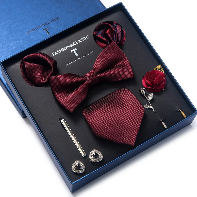 Vangise Brand Newest design Silk Tie Handkerchief Pocket Squares Cufflink Set Bow Tie Clip Necktie Box Plaid Father's Day