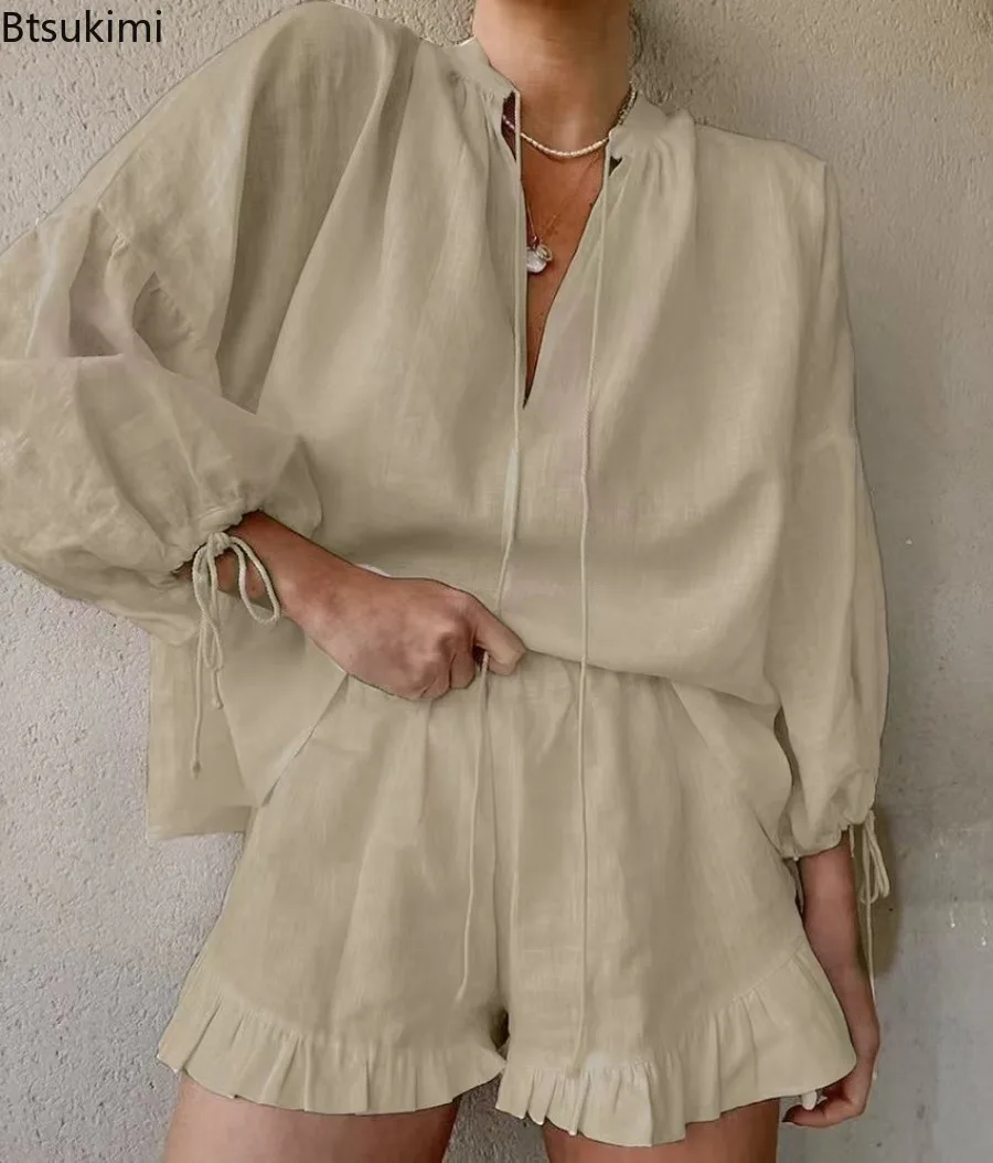 2025 женские летние комплекты шорт однотонные хлопковые льняные топы с