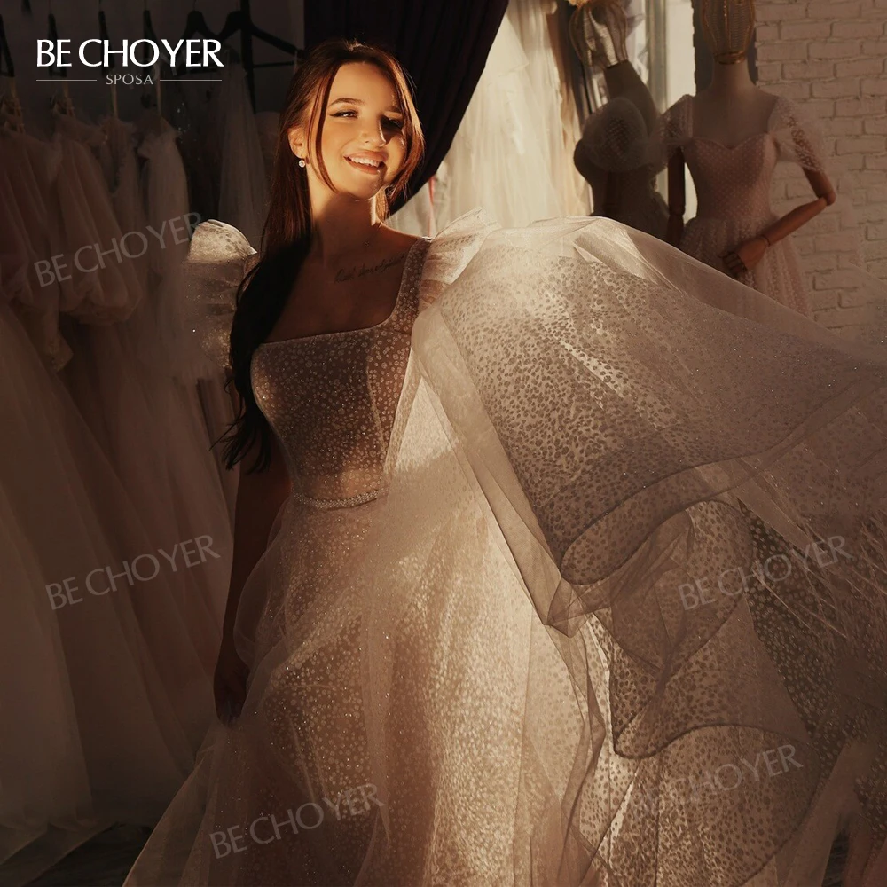 

Женское свадебное платье с квадратным вырезом BECHOYER, блестящее ТРАПЕЦИЕВИДНОЕ ПЛАТЬЕ со шлейфом и поясом без рукавов, модель 2022 года