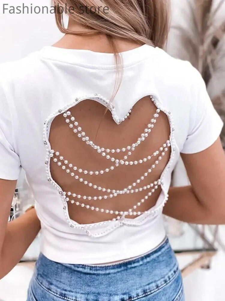 

Women Casual Beads Chain Design Backless Short Sleeve Top