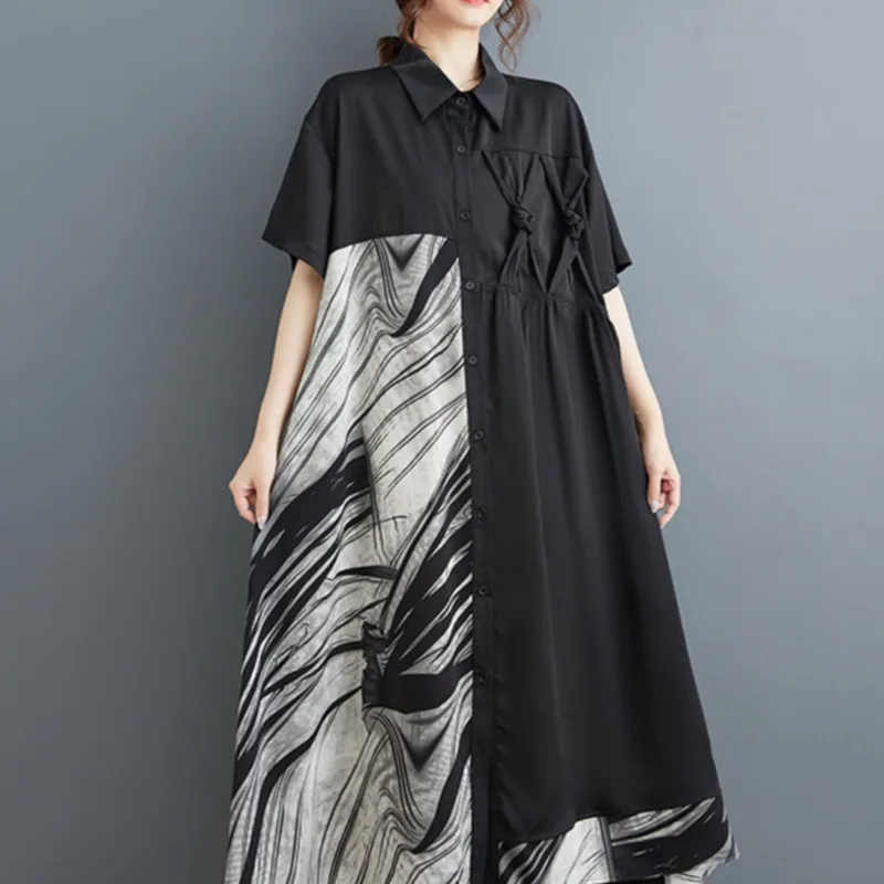 #3961 летнее черное асимметричное платье-рубашка с принтом женское винтажное