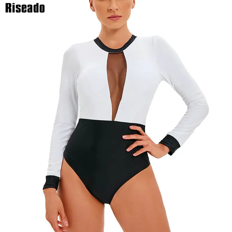 

Riseado Mesh One Piece Swimsuit 2022 Colorblock Swimwear Women Long Sleeves Bathing Suits Backless Surfing Suit Sports Beachwear