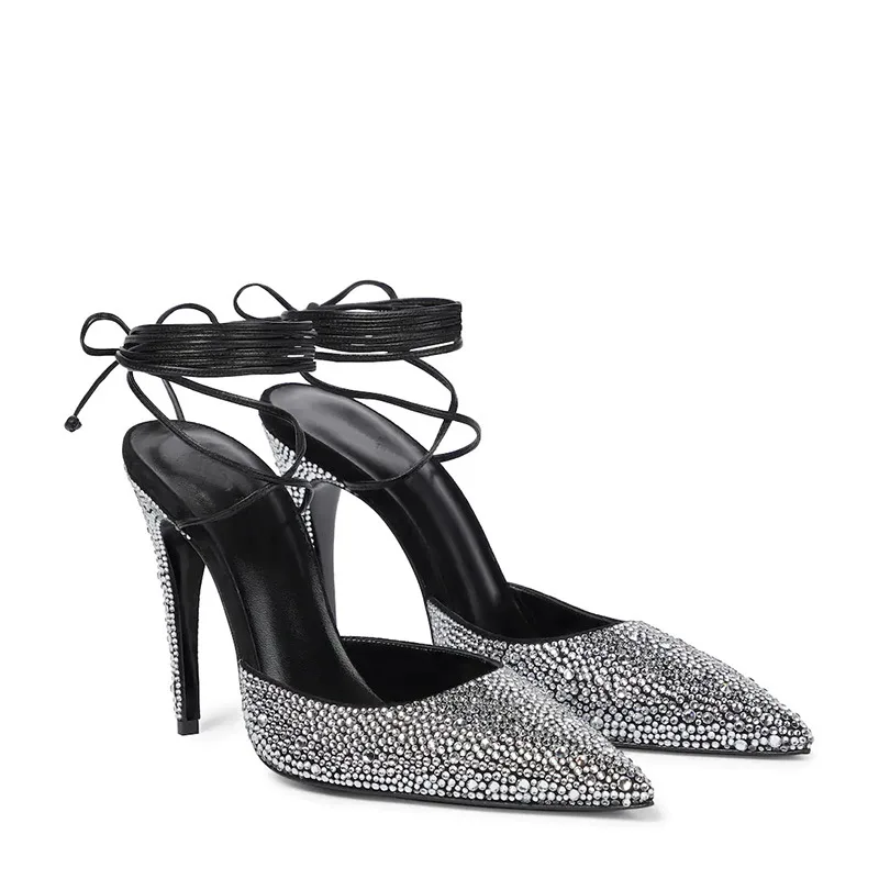

French Style Silver Rhinestone Black High Heel Sandals Pointed Toe Summer Slingbacks Bandage Glitter Crystal Banquet Pumps