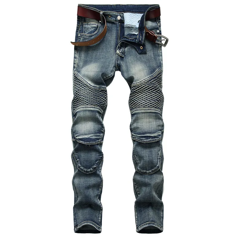 Men Jeans Vintage Jeans Trousers Streetwear Men's Casual Ripped Jeans Washed Straight Slim Pleated Motorcycle Biker Jeans Pants