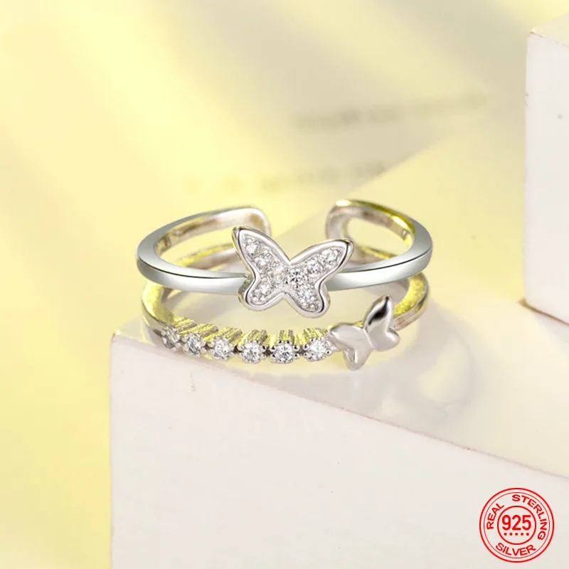 

925 Sterling Silver Butterfly Crystal Open Ring For Women Fashion Wedding Jewelry