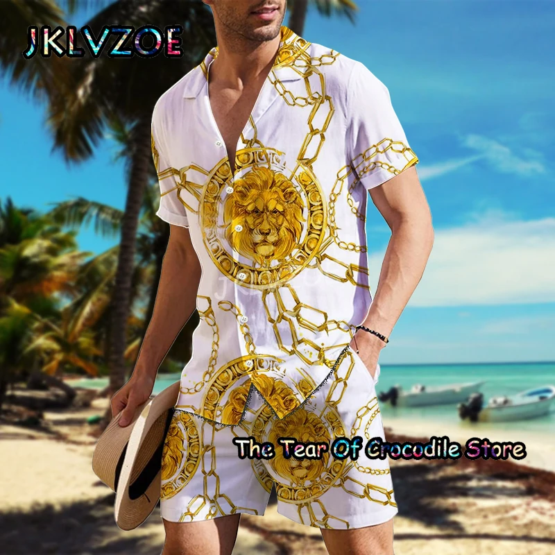 Luxurious Men Shirt Set Fashion Brand Short Sleeve Casual Print Design Turn-down Buttoned Top Quality Summer Tee 2 Piece Clothes