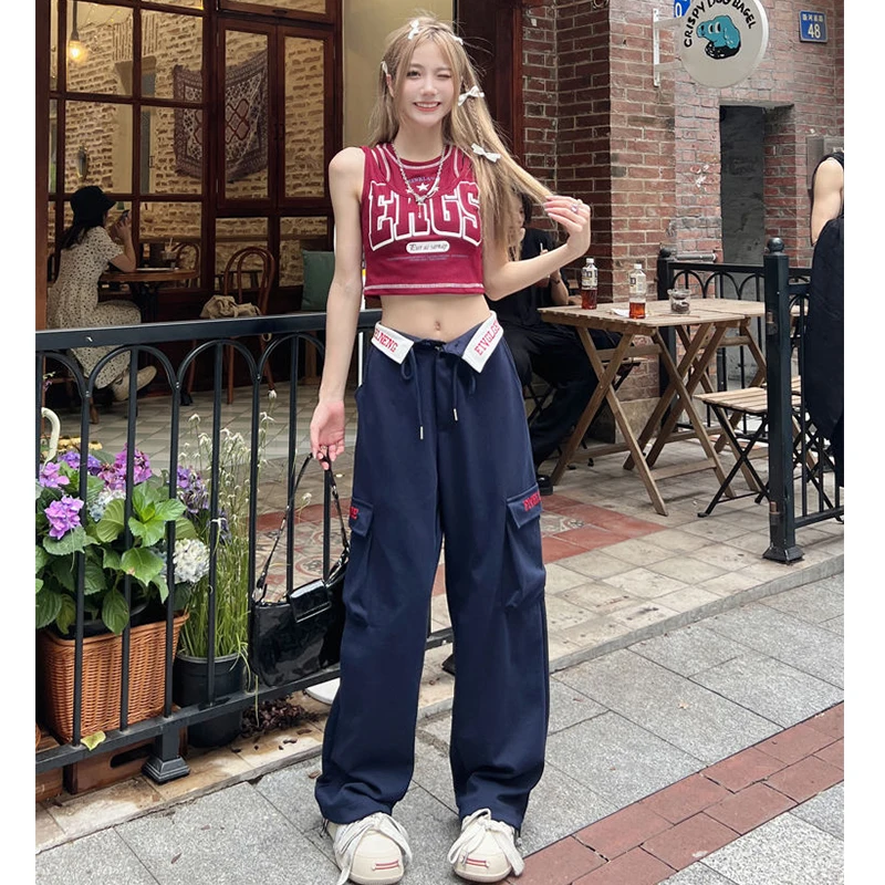

Work Clothes Sleeveless Midriff Blouses Hot Girl Suit Female Vest Top Red White Contrasting Colors Large Letters Tshirt