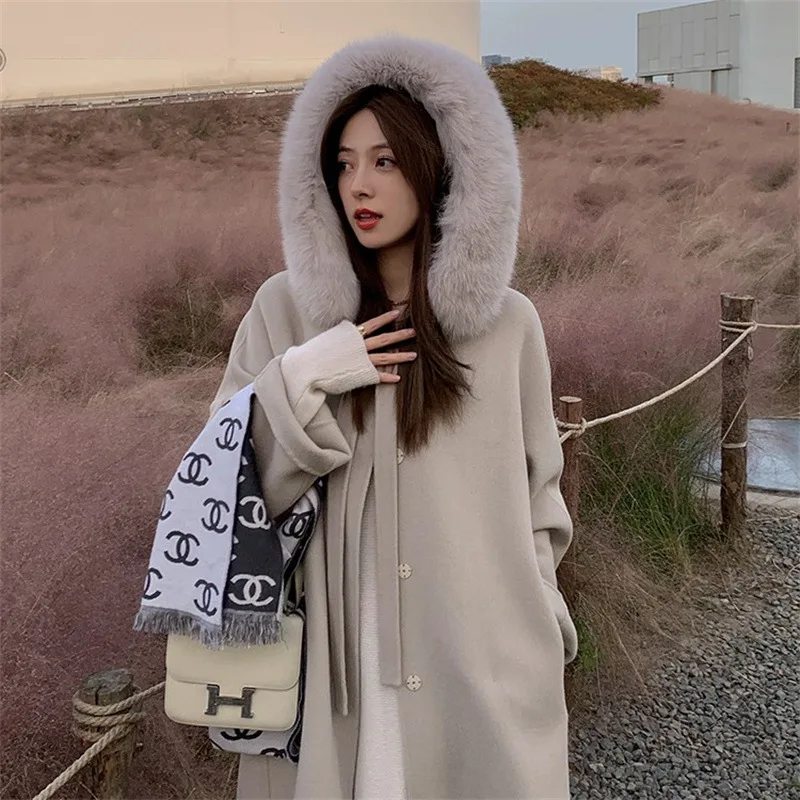 

Fashion Women's 2022 Loose maxi natural fox fur hooded coats Double Breasted long sleeve real woolen Overcoat