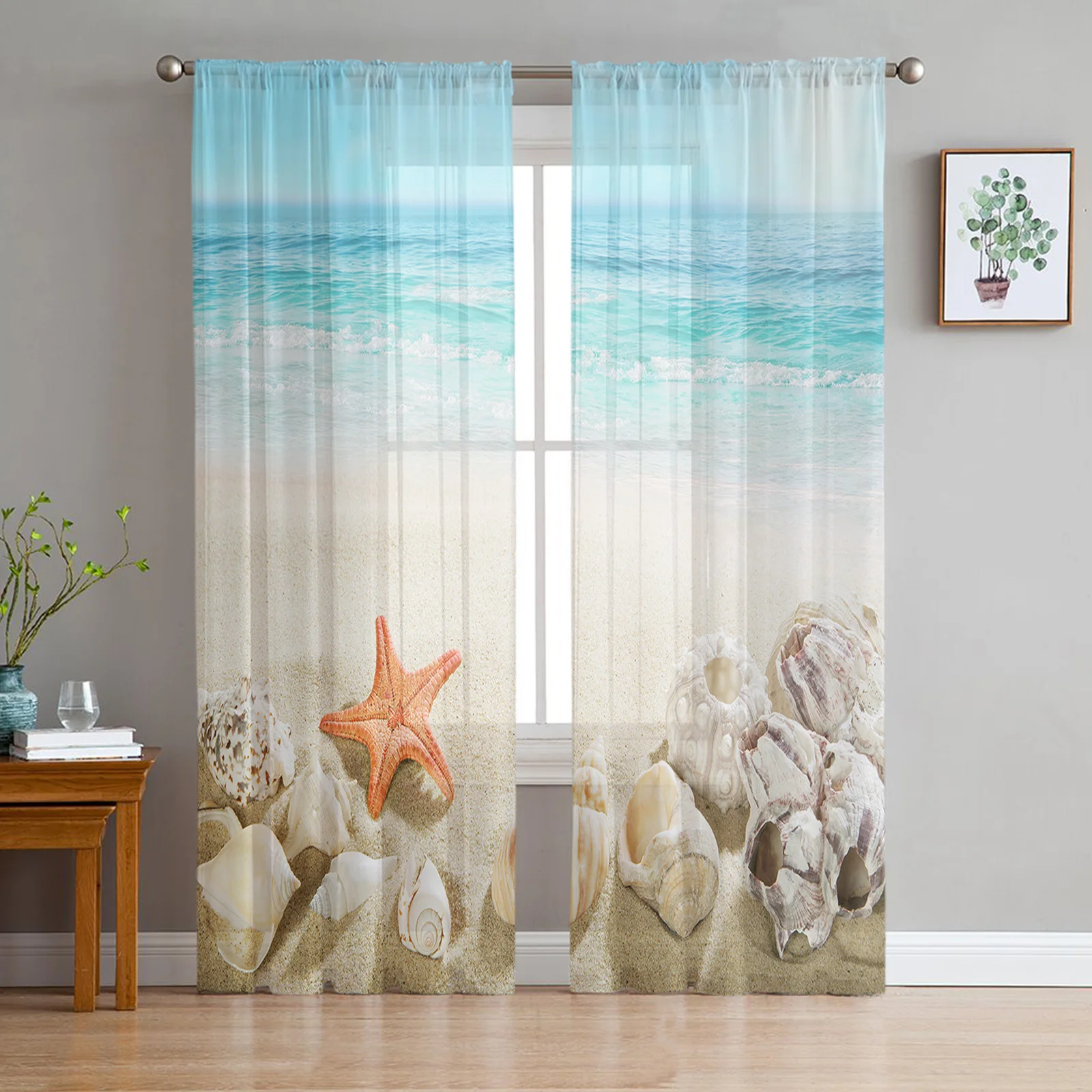 

Marine Starfish Shell Ocean Beach Tulle Sheer Curtains for Living Room Bedroom Kitchen Decoration Voile Organza Window Curtains