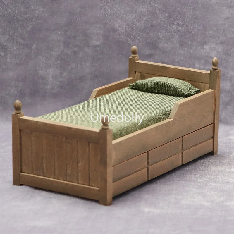 1:12 Scale Miniature Dollhouse Antique Bed with Drawer Pretend Play Bedroom Furniture for OB11 Doll Accessories Toy |