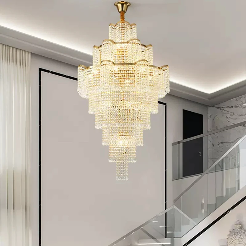 

Modern Luxury Crystal Chandelier Staircase Long Loft Villa Lobby Living Room Decor Gold Cristal Light Fixture Hotel Theater Lamp