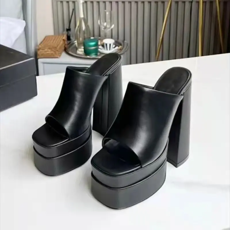 

Women Slippers Double Platform Genuine Leather Fashion Open Toe Square Toe Plus Size 43 Chunky High Heels Shoes