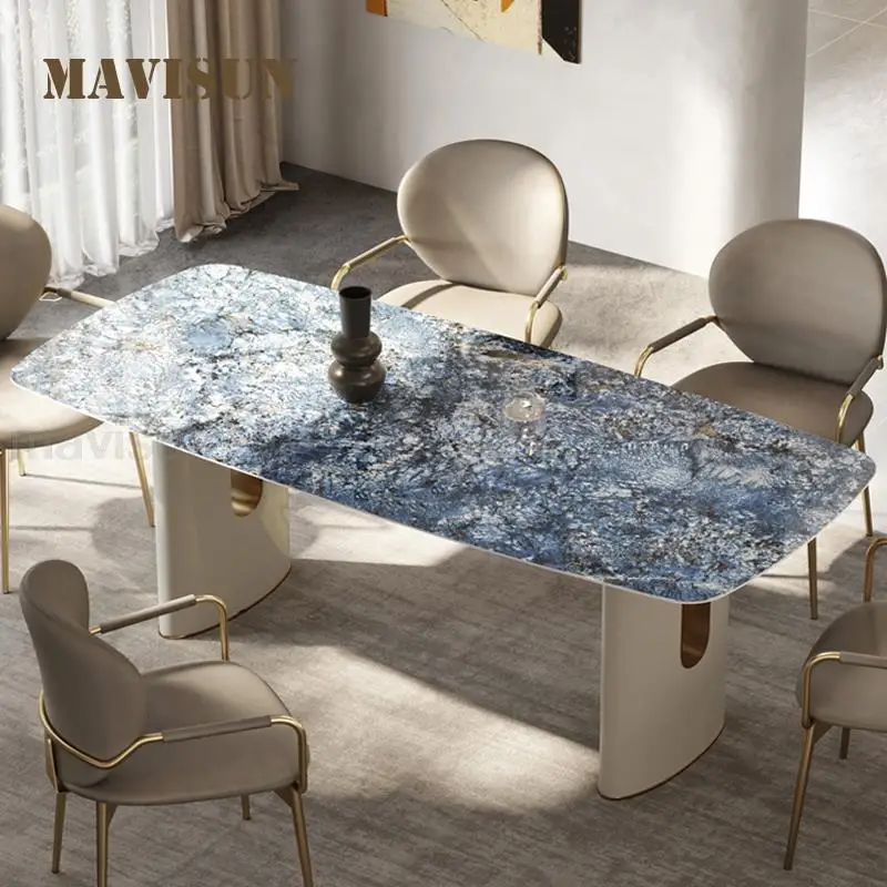 

Italian Rectangle Dining Table With Blue Texture Rock Panel Tabletop Stable Table Frame Round Corner Luxury Dining Room Sets