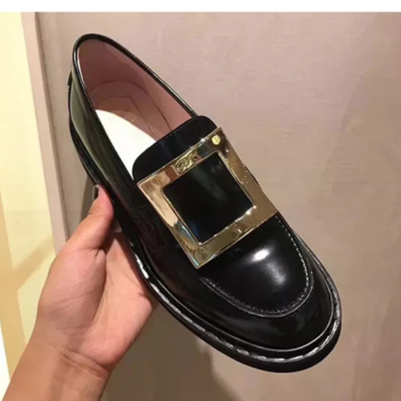 High quality patent leather Chelsea English rhinestone square buckle flat bottom spring and autumn short boots for women