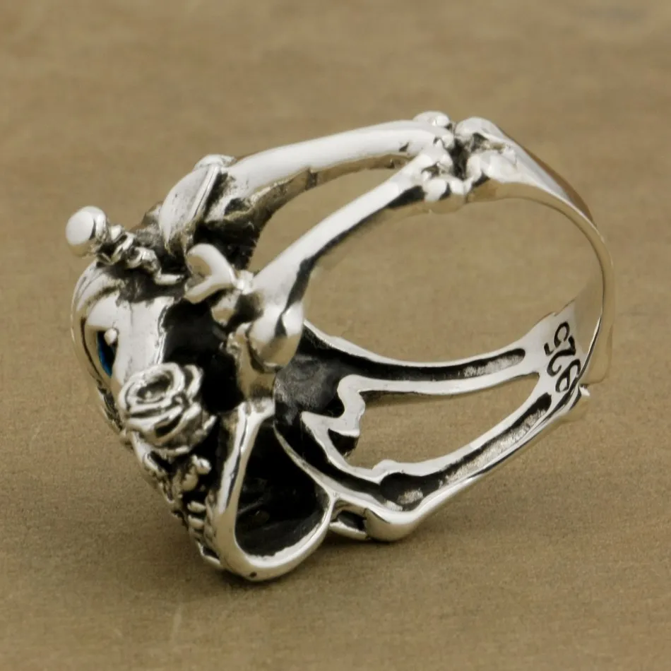 Синий CZ Stone 925 пробы Серебряная роза пиратское кольцо с черепом Biker Rock Punk Style 9W101 US
