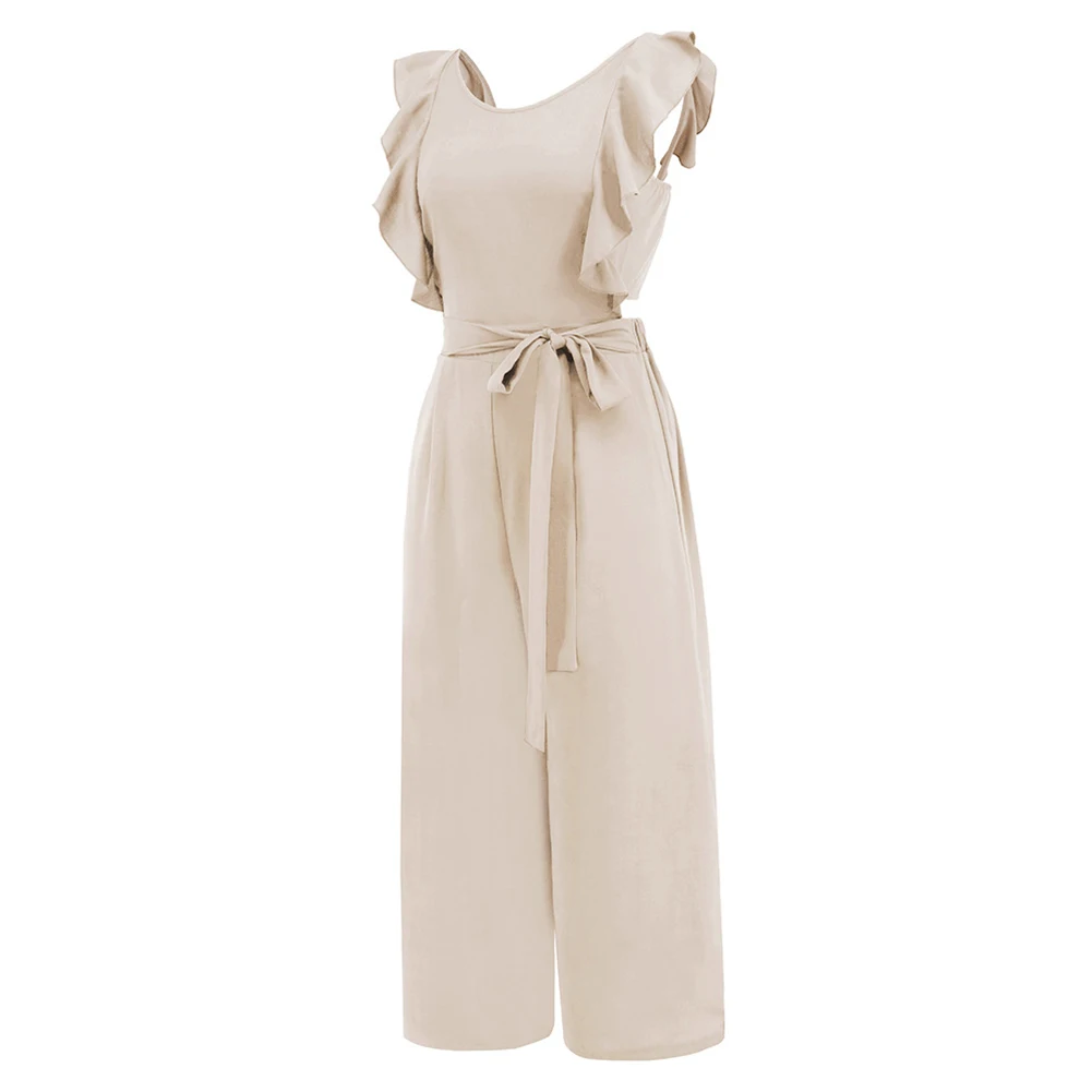Women Jumpsuits Crew Neck Ruffle Cap   Sleeve Belted Wide Leg Romper With Pockets