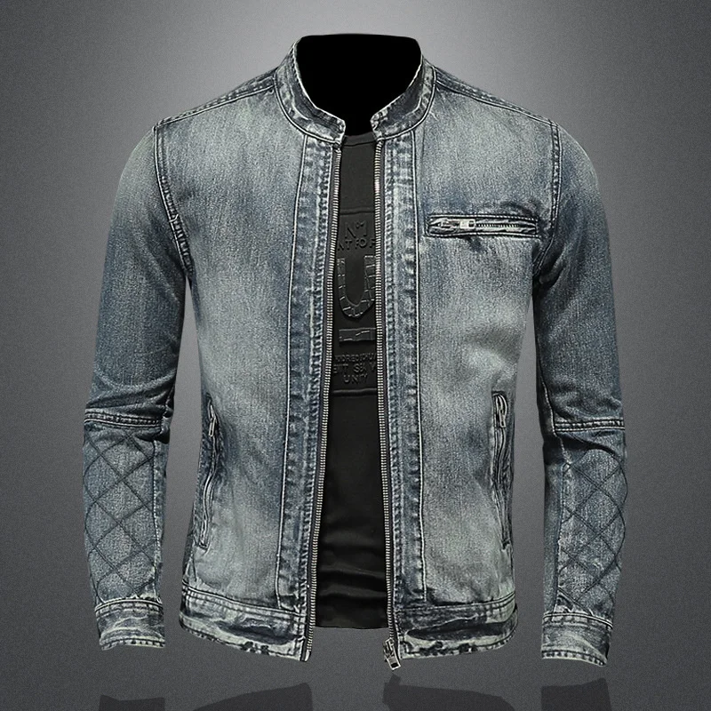 

Men's Vintage Blue Motorcycle Biker Jacket Fashion Streetwear Zipper Stand Collar Denim Coat Embroidery Jeans Casual Outerwear