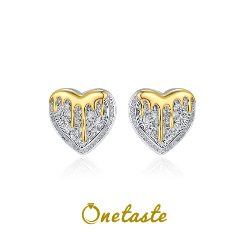 

925 Sterling Silver Two Tone Heart Shaped Earrings For Women Minimalism Luxury Surface Grass Texture Chic Earring 2023 New Gift