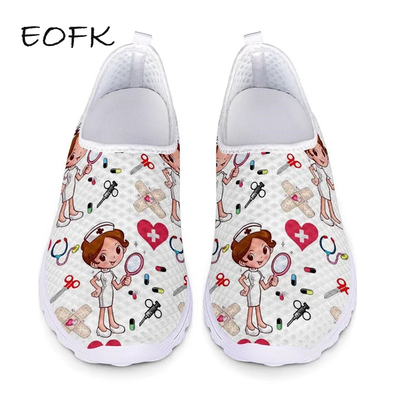 EOFK Women Sneakers Lightweight Comfortable Casual Nurse Shoes Cartoon Print Breathable Flats Shoes Zapatillas Mujer