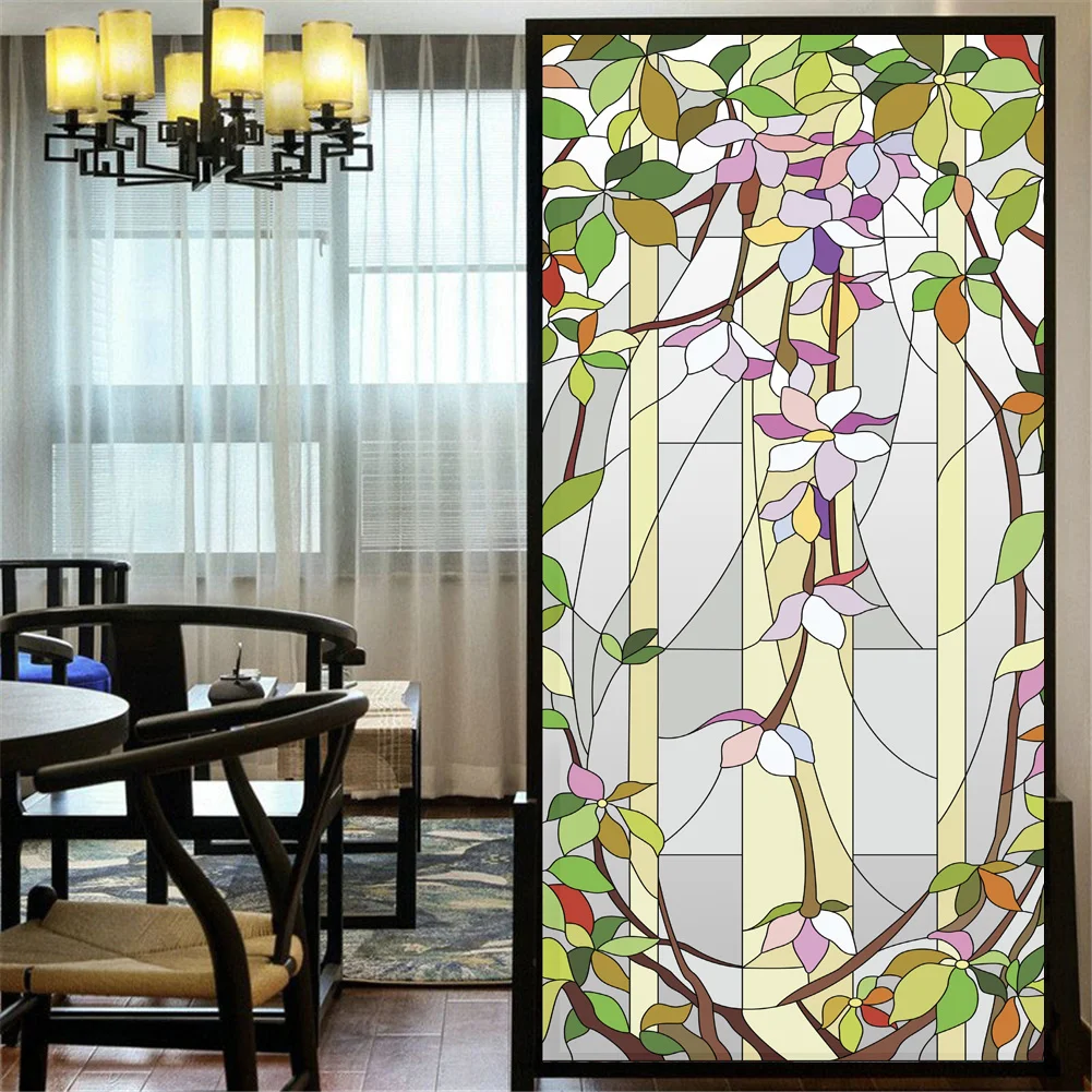 

Privacy Windows Film Decorative Orchid Flower Stained Glass Window Stickers No Glue Static Cling Frosted Window cling 31