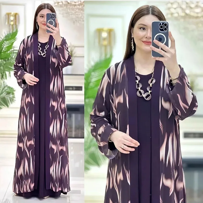 Muslim Women Abaya Dress Islam Clothing 2023 New Print Kimono Cardigan Robe 2-piece Sets Femme Morroco Caftan Long Maxi Dress