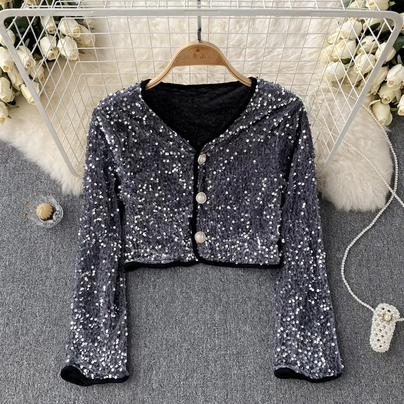 2023 Women's Bomber Jacket Sequin V-neck Single Breasted Short Shawl Coat For Women Celebrity Chic Top Women's Spring Jacket