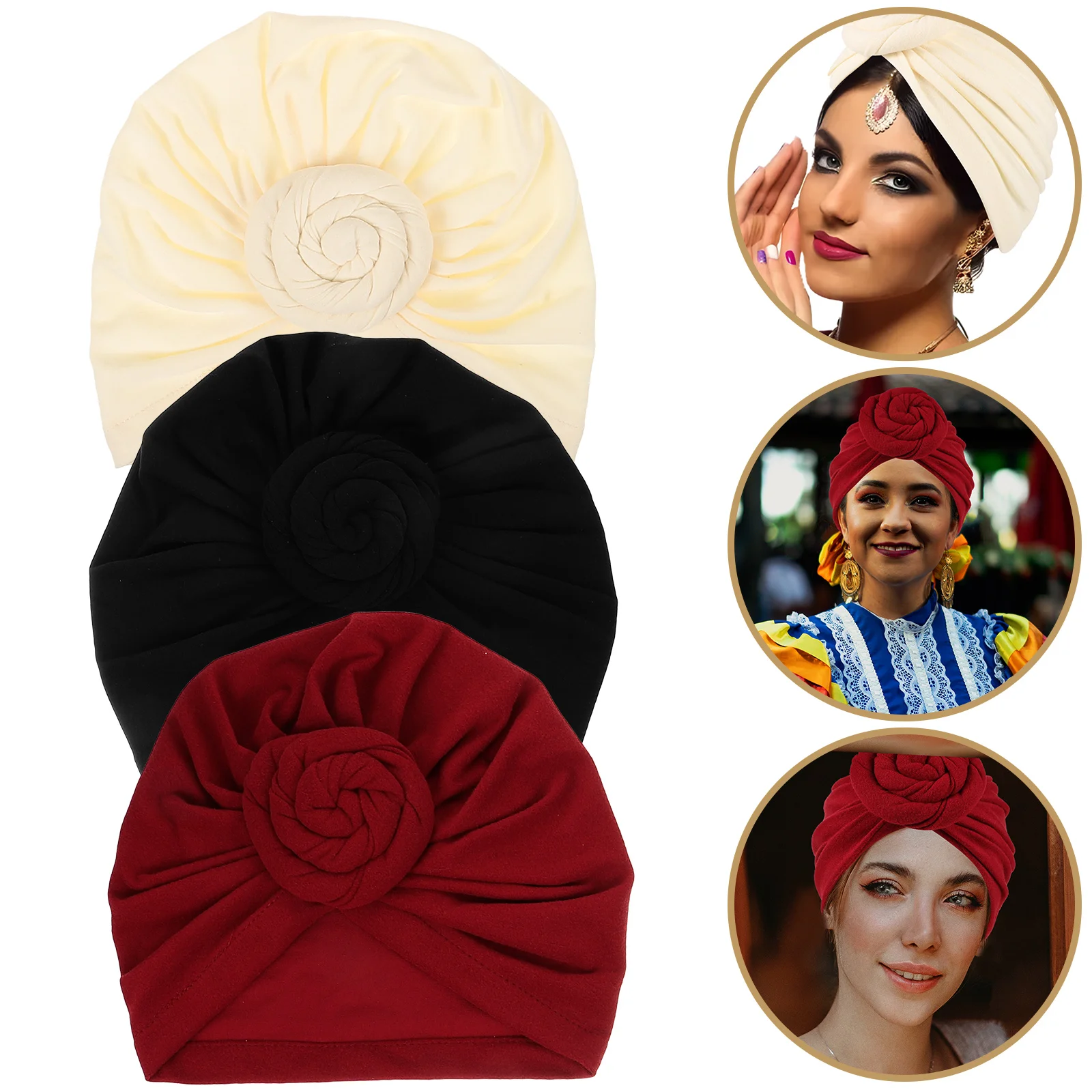 

3pcs Flower Knot Headwrap Cotton Pre-tied Hat African Style Women Turban Hat