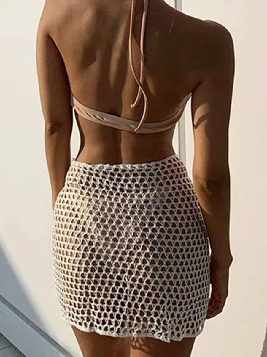 Женская пляжная юбка накидка полая однотонная летняя мини-вязаная для отдыха на