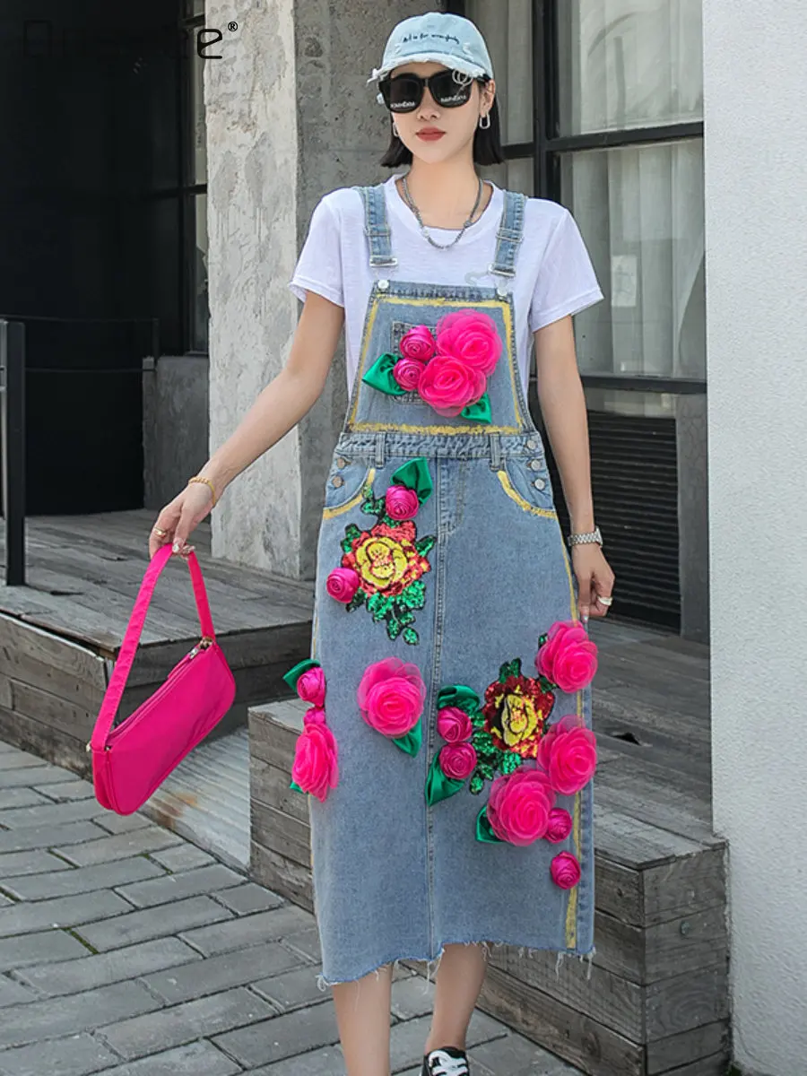 

Fashion Brand Lace Stitching Mid-Length Dress Women's Loose Sequins Embedded Three-Dimensional Flower Denim Suspension Dress
