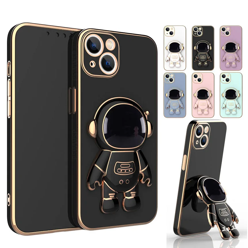 

6D Astronaut Folding Stand Soft Phone Case For iPhone 14 13 12 11 Pro Max XR XS 7 8 Plus SE 2020 Plating ShockProof Case Cover