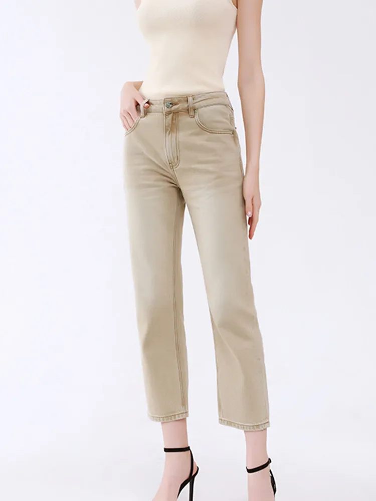 Women's High Waist Solid Color Cropped Pants Simple Zipper Fly All-Match 2023 Summer Female Casual Straight Jeans with Pockets