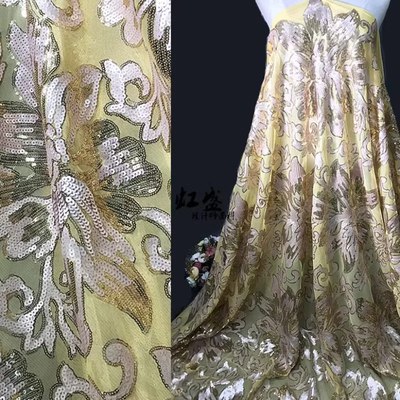 

Sequin Mesh Fabric Gold Floral Dress Embroidered Clothing Designer Wholesale Cloth for Diy Sewing By Meters Material