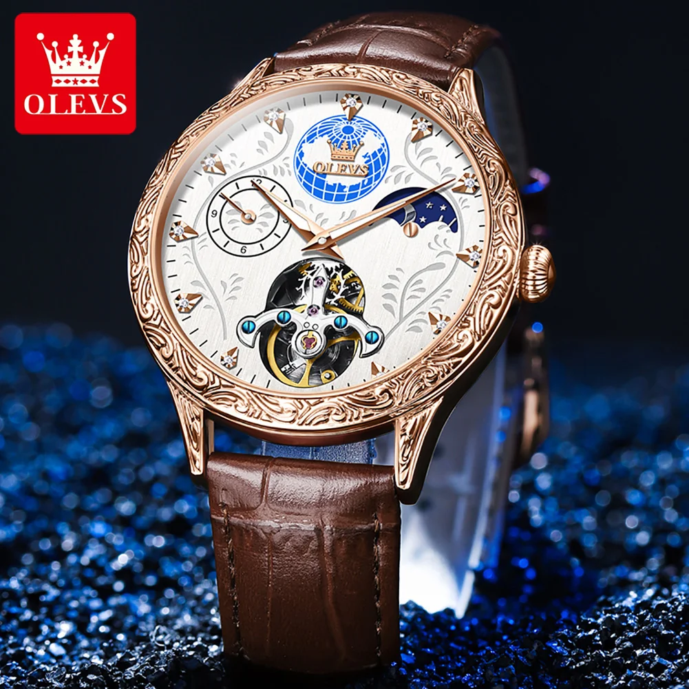 OLEVS Men Mechanical Watch Luxury Leather Waterproof Fashion Classic Automatic Tourbillon Wrist Watches Moon Phase Reloj Hombre