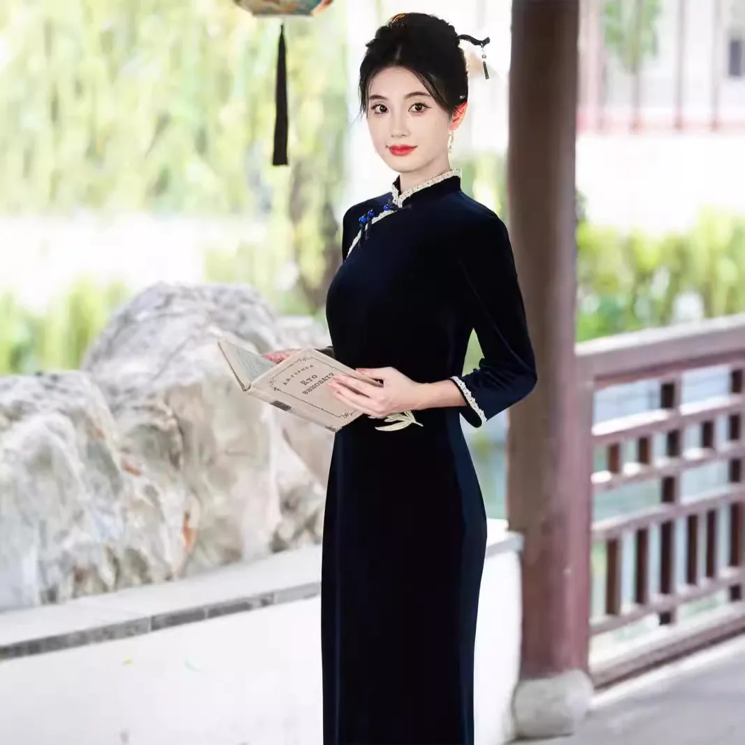 w chińskim stylu sukienki damskie seksowne szczupłe Cheongsams eleganckie tradycyjne jesienno-zimowa aksamitna Vestidos Oversize 3XL Qipao