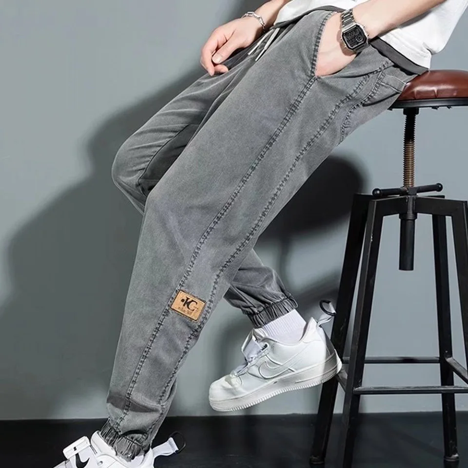 High Quality Fashion Men's Jeans Korean Version Casual Youth Thin Section Trend Brand Design Travel Slim Tie Pencil Pants 2284