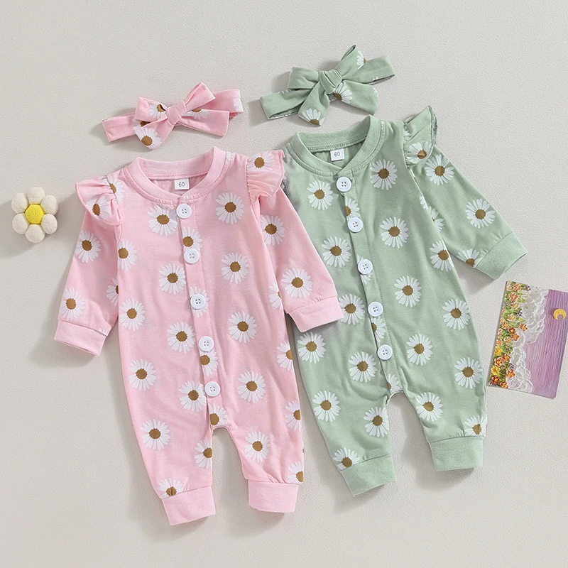 

Spring Autumn Newborn Baby Girls Rompers Floral Print Long Sleeve Button Ruffles Jumpsuits Headband Toddler Casual Outfits
