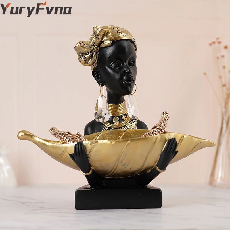 

YuryFvna Resin Ethnic Style African Woman Figurines Creative Jewelry Box Interior Decoration Accessories Crafts Storage Ornamen