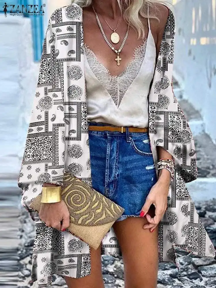 

ZANZEA Bohemian Flare Sleeve Cover Up Kimono Blouse Women Summer Floral printed Cardigan Casual Elegant Holiday Loose Shirt