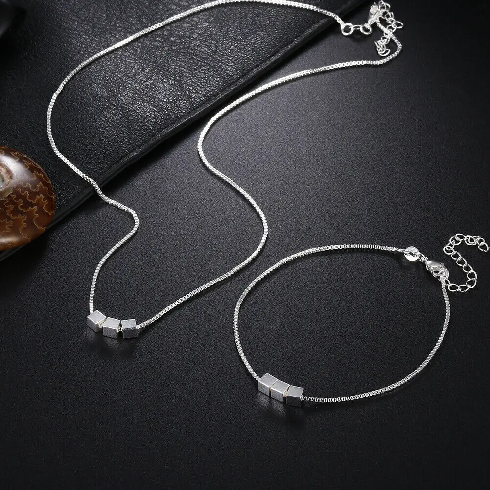 

Korean fashion 925 Stamp Silver color fine Square bracelets neckalce for women Party wedding accessories designer jewelry sets