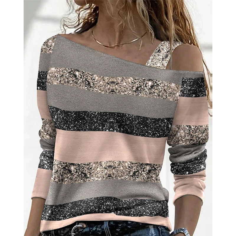 

Women Fashion Colorblock Striped Print Cold Shoulder Top Casual Long Sleeve Tee