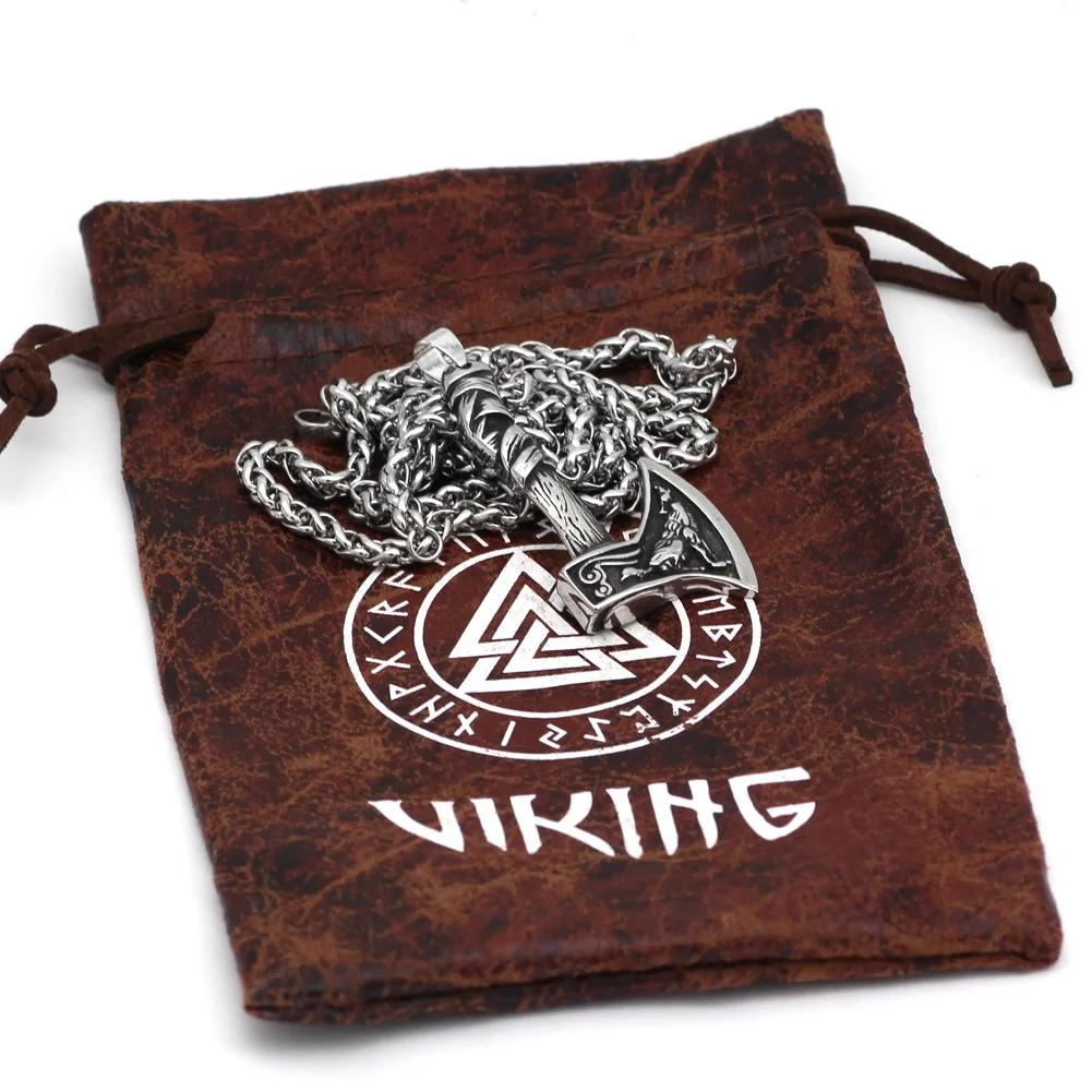 Viking Stainless steel Axe Raven Wolf Necklace Norse Jewelry with valknut gift bag |