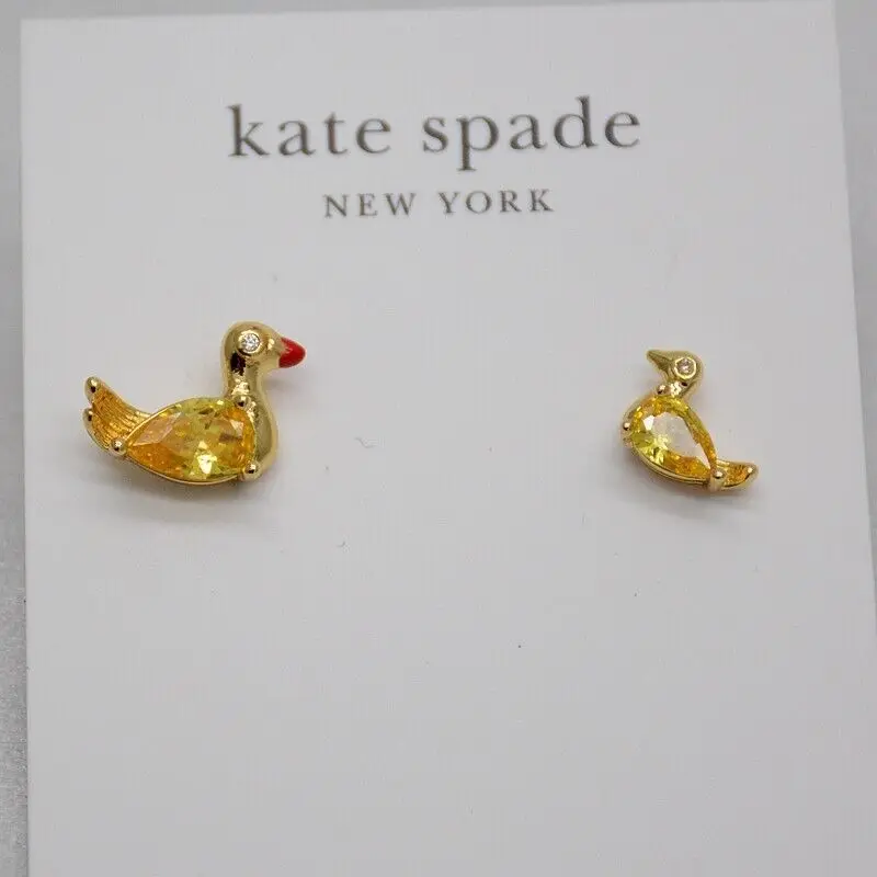 

Jewelry enamel Gold Tone Paved Stud duck Earrings Cute CZ mom baby