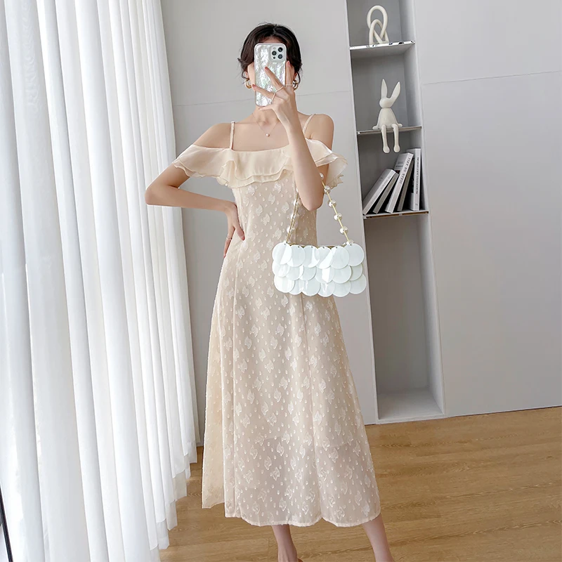 

French Word Neck Suspender Dress 2022 Summer New Ruffles
