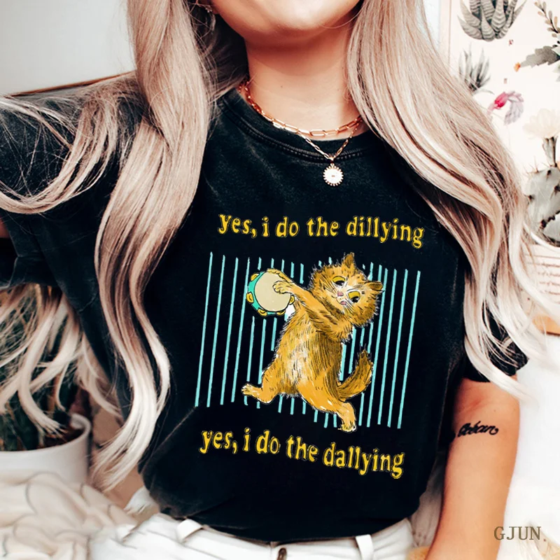 Женские футболки, футболка с мультяшным принтом дилли Делли, кошка, кавайные топы с круглым вырезом, свободные мужские футболки, футболки унисекс, одежда в эстетике