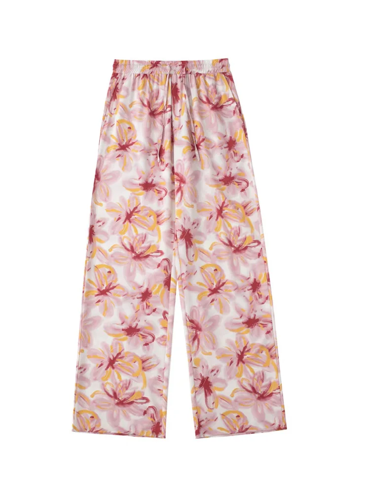 

2022 Summer Women Straight Pants Fashion Floral Print Elastic waist Drawstring Bow Female Elegant Street Pant Trousers