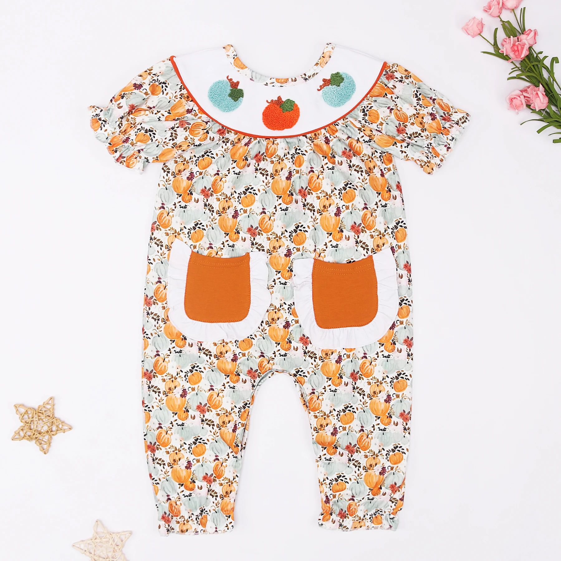 

French Knot Romper Fall Baby Girl Clothes Set Spring Orange Pumpkin Floral Kid Pants Bubble Children Outfit Loungewear One Piece