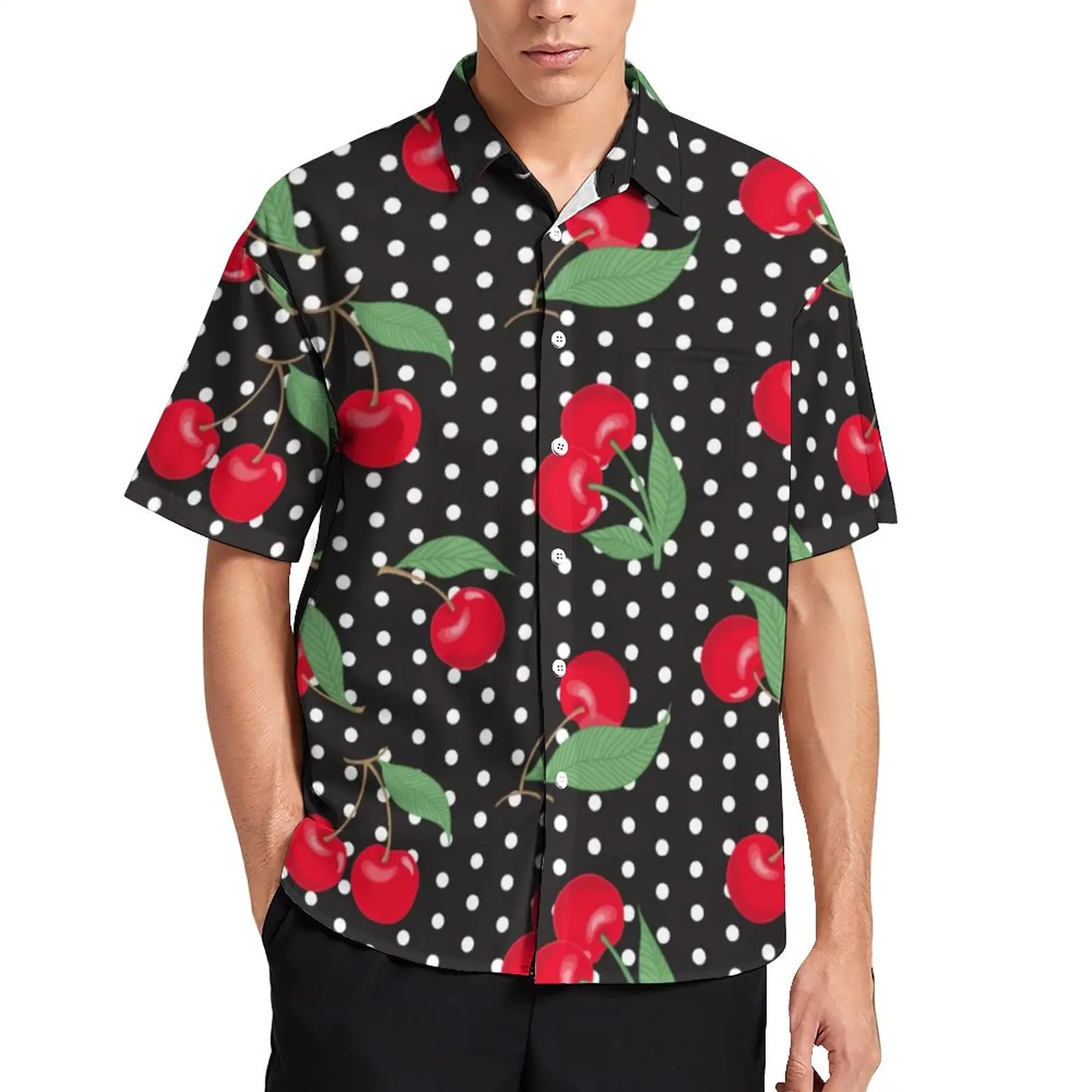 

Red Cherry Fruit Vacation Shirt Polka Dots Print Hawaiian Casual Shirts Men Stylish Blouses Short Sleeve Design Tops Plus Size