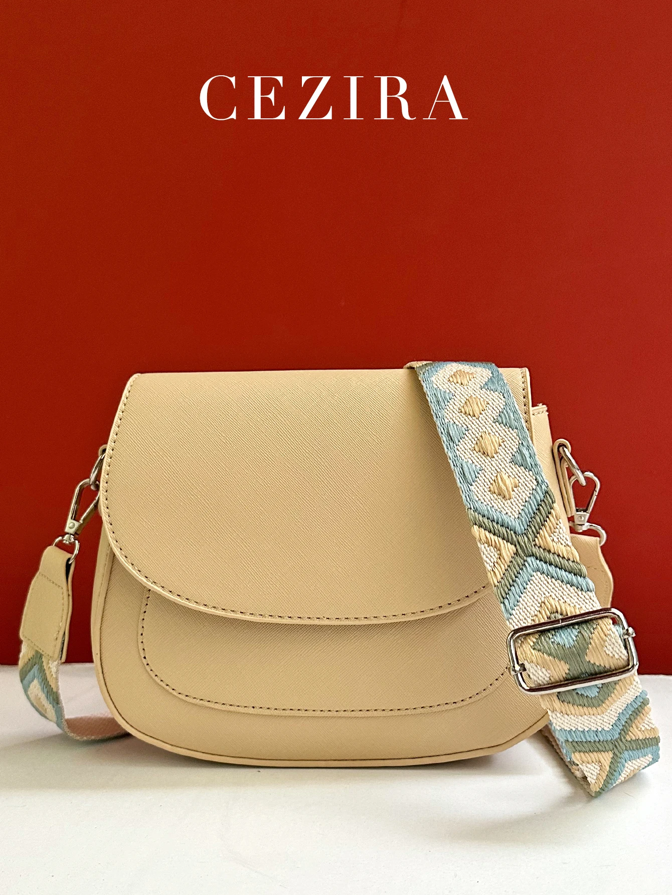 CEZIRA Brand Women PU Vegan Leather Saddle Bags Casual Simple Style Wide Webbing Shoulder Strap Cross Body Purse Flap Handbags