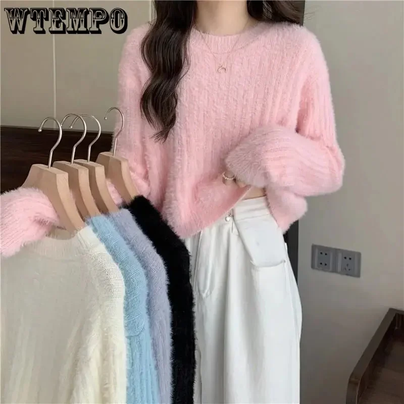 

Mink Short Sweater Fluffy Warm Pullover Women's Round Neck Jumper Autumn Winter Long Sleeve Tops Korean Fashion Y2k Sweaters